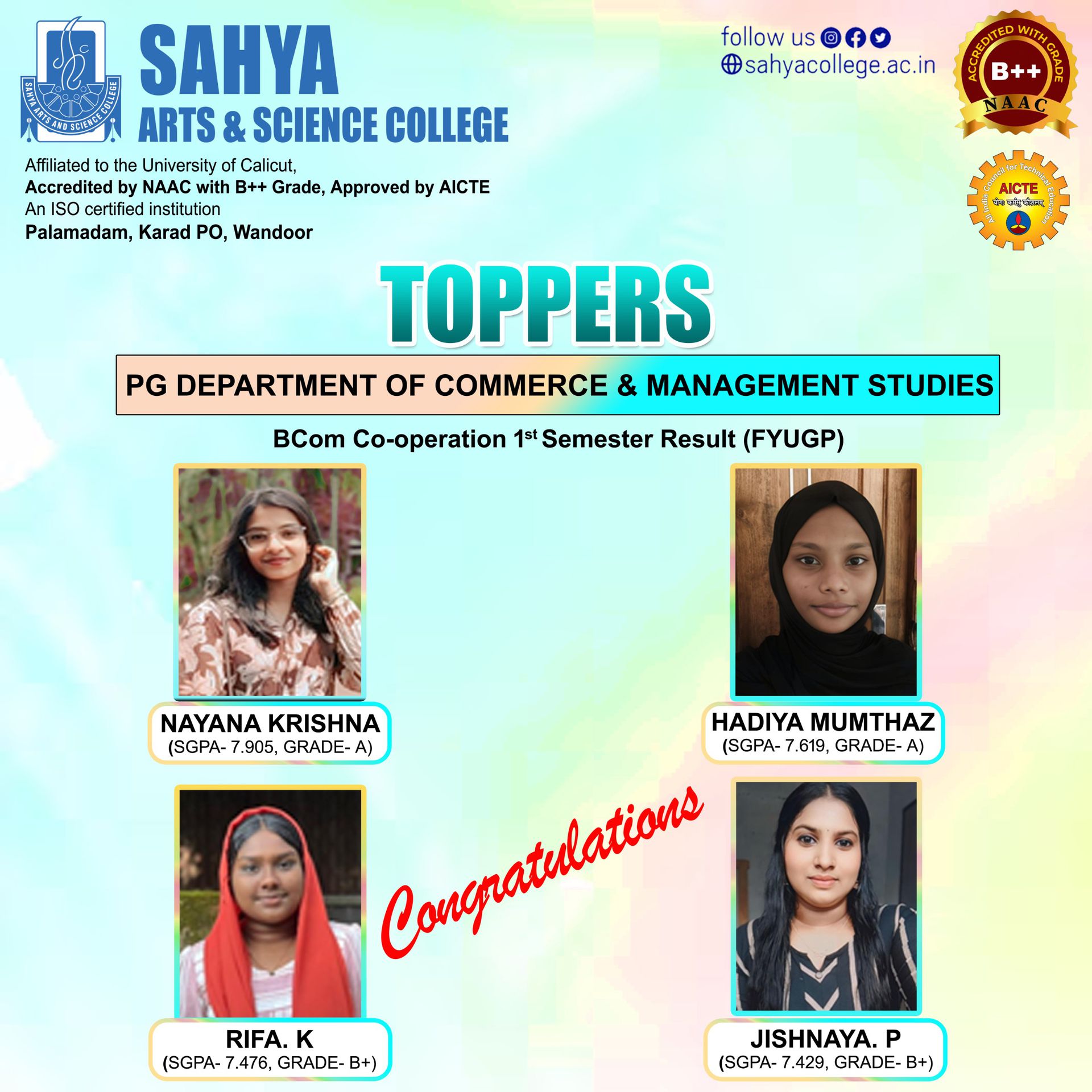 FYUGP First Semester Toppers B.com Honours Cooperation  2025 Admission