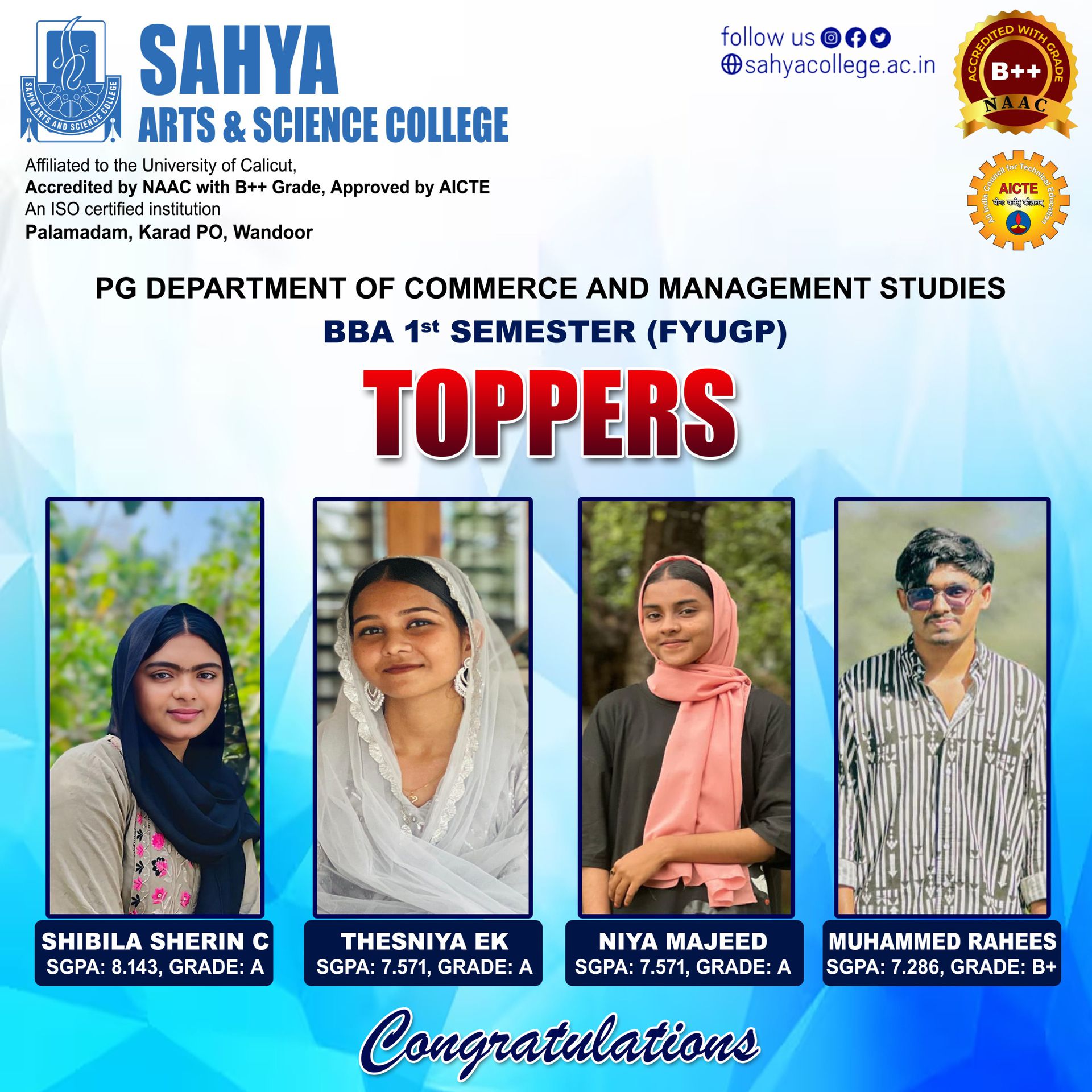 FYUGP First Semester Toppers BBA Honours 2025 Admission